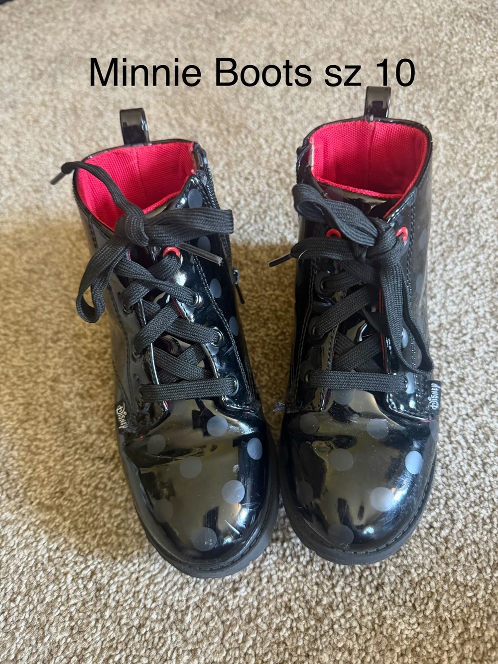 Disney Black Patent Polka Dot Kids Lace-Up Boots with Red Lining Sz kiss 10